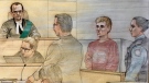 Evan Campbell, 18, of Orillia, appears in a Brampton courtroom on Nov. 28, 2018 where he was granted bail in a deadly crash in Mississauga. (Sketch by John Mantha)