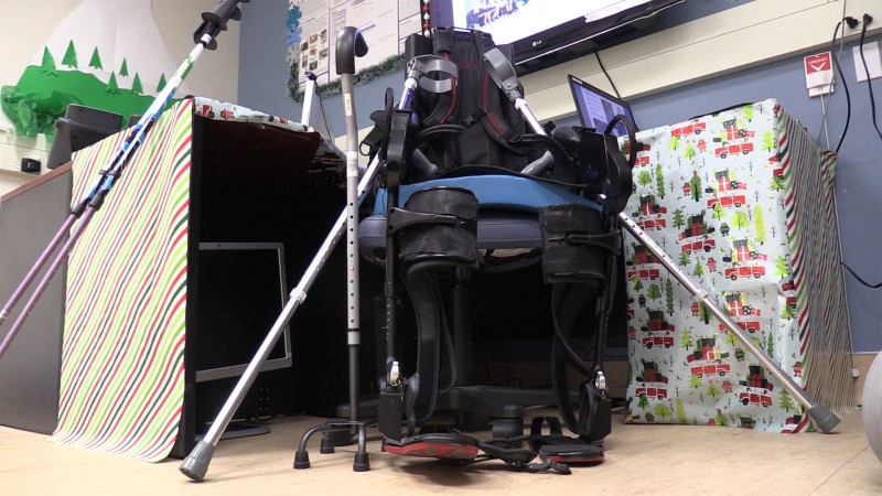 A robotic suit used to help patients with spinal cord injuries, among others, is seen at Parkwood Institute in London, Ont. on Wednesday, Nov. 28, 2018. (Celine Moreau / CTV London)