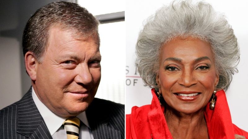 This combination photo shows actor William Shatner on the set of ABC's "Boston Legal" in Manhattan Beach, Calif., on Sept. 13, 2004, left, and actress Nichelle Nichols attending an all-star tribute concert for jazz icon Herbie Hancock in Los Angeles on Oct. 28, 2007. Fifty years ago, one year after the U.S. Supreme Court declared interracial marriage was legal, they kissed each other on "Star Trek." (AP Photo)