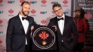 Seth Rogen, right, and Evan Goldberg stand by their star as they are inducted into the 2018 Canada Walk of Fame during a press red carpet event in Toronto on Saturday December 1, 2018. (THE CANADIAN PRESS/Chris Young)