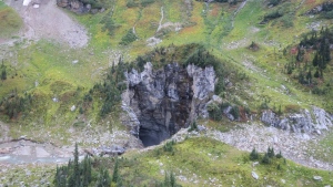 The entrance to the massive cave that was spotted in 2018 in British Columbia's Wells Gray Provincial Park. (Photo courtesy Catherine Hickson)