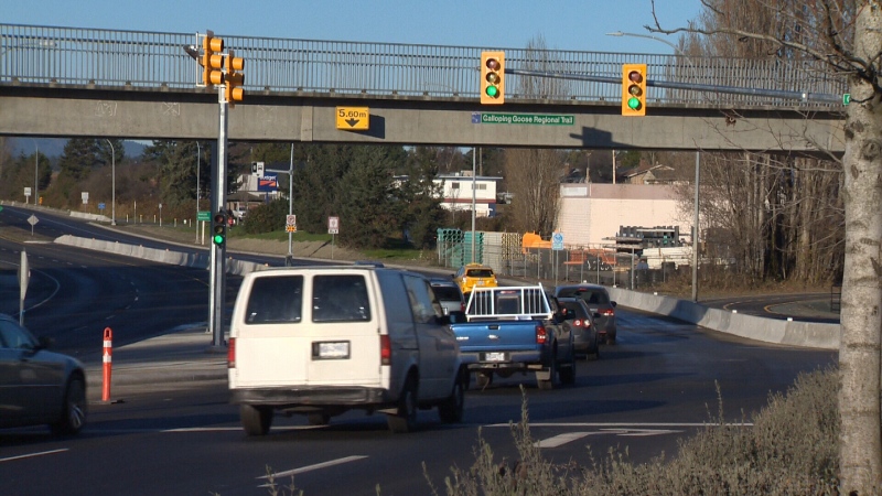 A new traffic signal on the Trans-Canada Highway at Carey Road will stop northbound traffic when a bus wants to turn left onto the highway. Dec. 5, 2018. (CTV Vancouver Island)