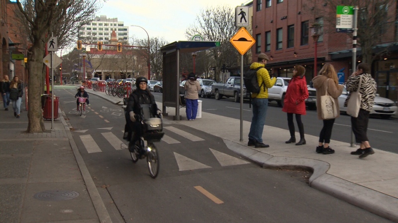 A "floating bus stop" on Pandora Avenue is pictured. Members of the blind community say they feel unsafe crossing the bike lanes to access the bus stop: Dec. 7, 2018. (CTV Vancouver Island)