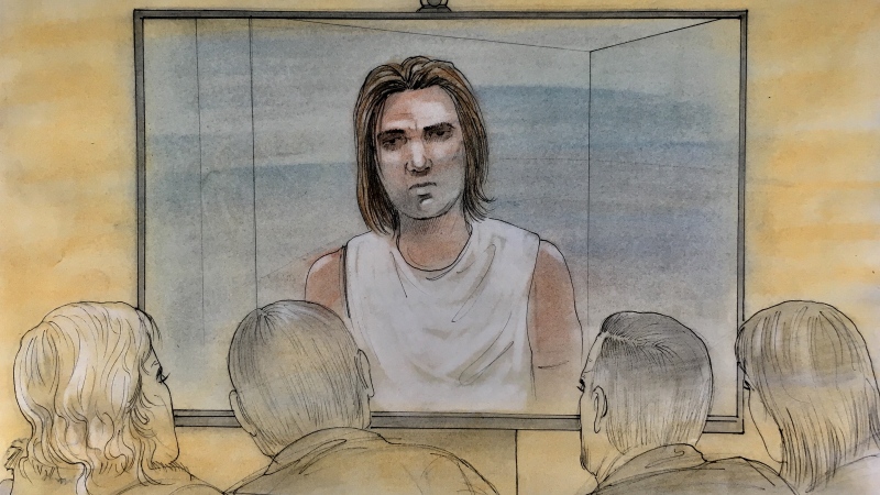Dawson Farr appears in court on Dec. 10, 2018. Farr has been charged in connection with the death of a 17-year-old in Hamilton. (Sketch by John Mantha)