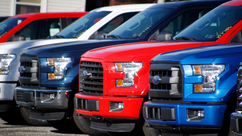 In this Nov. 19, 2015, file photo a row of 2015 Ford F-150 pickup trucks are parked on the sales lot at Butler County Ford in Butler, Pa. (AP Photo/Keith Srakocic, File)
