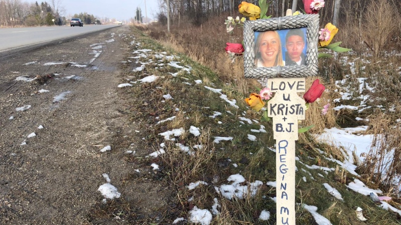 A memorial for two teens killed in a crash on Wellington Road is seen in London,Ont. on Thursday, Dec. 13, 2018. (Adrienne South / CTV London)