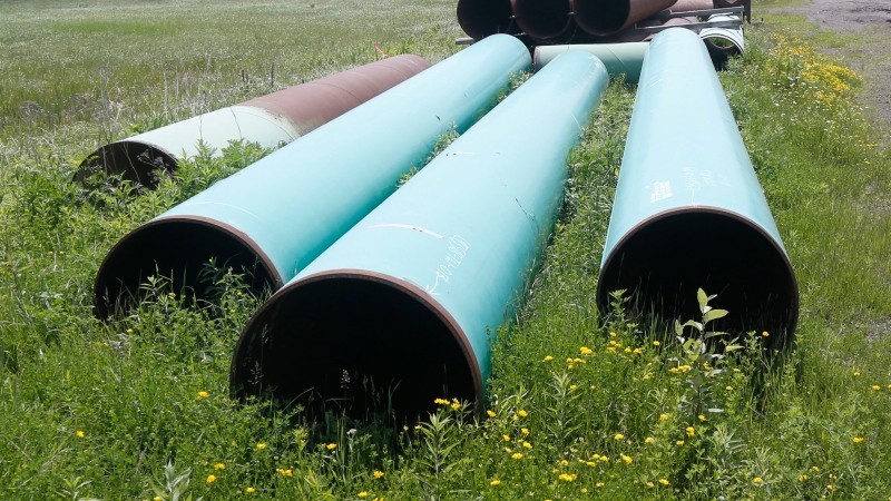In this June 29, 2018 file photo, pipeline used to carry crude oil is shown at the Superior terminal of Enbridge Energy in Superior, Wis. (AP Photo/Jim Mone)