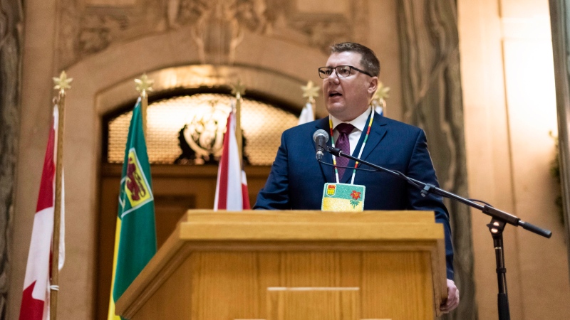 Premier Scott Moe speaks during the Apology to Sixties Scoop Survivors at the Legislative Building in Regina on Monday January 7, 2019. (THE CANADIAN PRESS/Michael Bell)