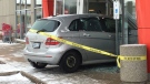 A car crashed into the front of a Shoppers Drug Mart in south London, Ont. on Monday, Jan. 7, 2018. (Jim Knight / CTV London)