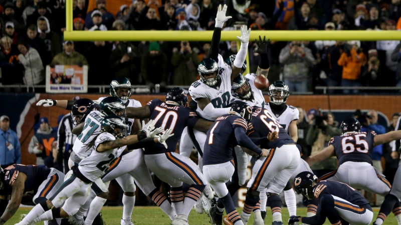 Chicago Bears kicker Cody Parkey (1) kicks and misses a field goal during the second half of an NFL wild-card playoff football game against the Philadelphia Eagles Sunday, Jan. 6, 2019, in Chicago. The Eagles won 16-15. (AP Photo/David Banks)