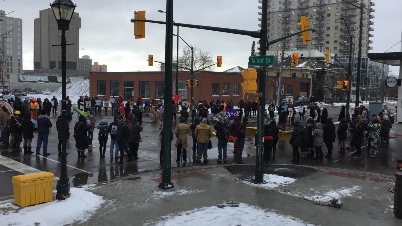 Activists march in support of pipeline protestors in B.C. in London, Ont. on Wednesday, Jan. 9, 2019. (Bryan Bicknell / CTV London)