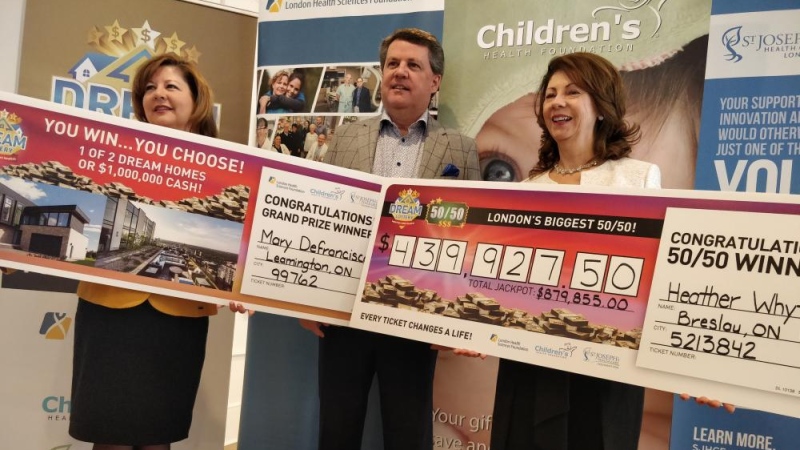 From left, Michelle Campbell, president and CEO of St. Joseph's Health Care Foundation, John MacFarlane, president and CEO of the London Health Sciences Foundation and Elana Johnson, vice chair of the Children's Health Foundation unveil the top Dream Lottery winners in London, Ont. on Thursday, Jan. 10, 2019. (Source: London Health Sciences Foundation)