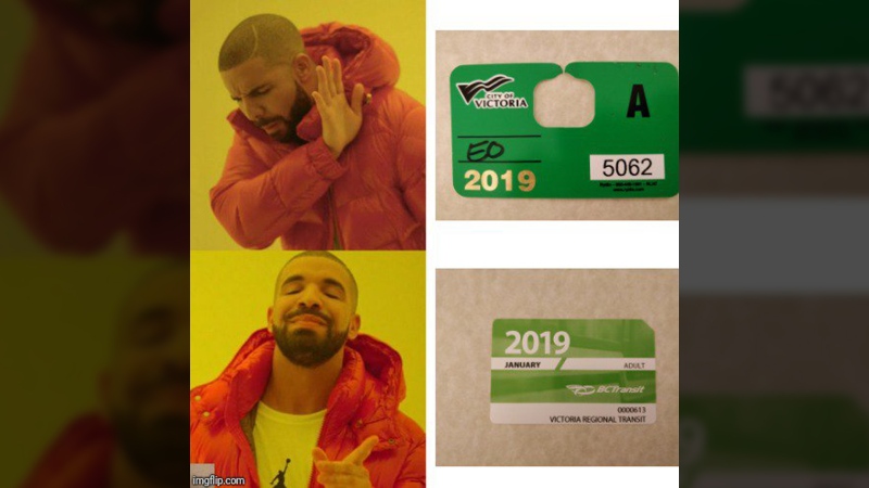 A Saanich councillor used a popular Drake meme to share his feelings on subsidized parking for Victoria and CRD officials downtown, saying politicians should instead be taking transit or riding bikes. Jan. 11, 2019. (Twitter/@Zac4Saanich)