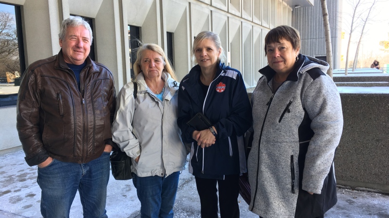 From left, Glen Struthers, Jan Pigeau, Lynn Pigeau and Judy Struthers, who are all there to support the family of Adam Kargus, stand outside the courthouse in London, Ont. on Monday, Jan. 21, 2019. (Brent Lale / CTV London)