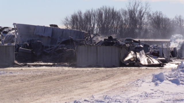 Damage after a fire on a farm between St. Marys and Exeter, Ont. is seen on Monday, Jan. 21, 2019. (Scott Miller / CTV London)