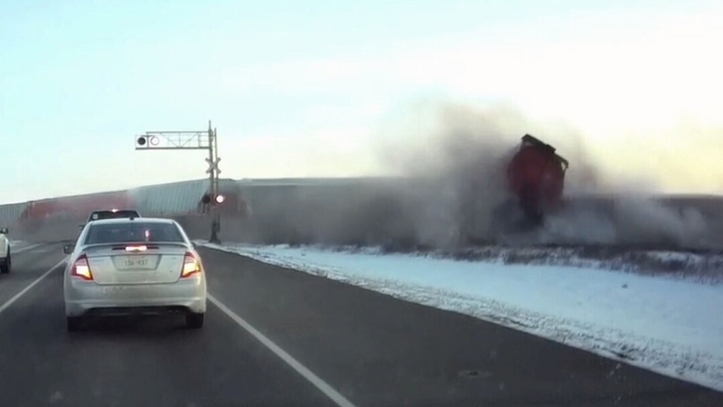 Dashboard camera footage has captured the moment a train derailed outside Saskatoon. (Submitted) 