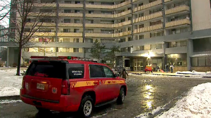 Toronto Fire outside a downtown Toronto building where power was cut after a burst pipe flooded the building electrical room. 