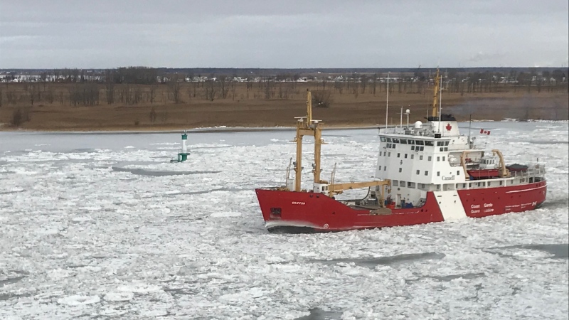 CCGS Griffon is shown at work on the lower St Clair River at Walpole Island on Monday, Jan. 21 2019. (Courtesy Canadian Coast Guard)