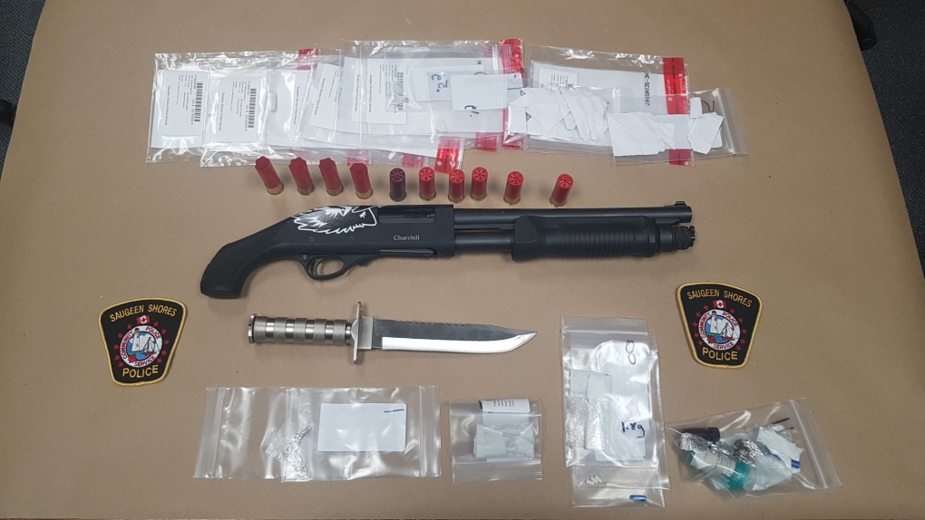 A sawed-off shotgun, ammunition and drugs