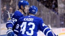 Toronto Maple Leafs defenceman Nikita Zaitsev (22) celebrates his goal with teammate Nazem Kadri (43) during second period NHL hockey action against the Washington Capitals, in Toronto on Wednesday, Jan. 23, 2019. THE CANADIAN PRESS/Nathan Denette