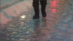 Much of the water that flooded main arteries across the city on Thursday has now frozen over, complicating Friday morning's pedestrian and vehicle commutes. (CTV Montreal)

