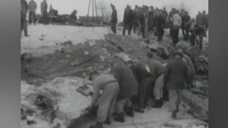 Rescue workers are seen at Listowel Memorial Arena after the roof collapsed in February 1959, killing eight people.