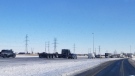 Backed-up traffic is seen on a 400-series highway near London, Ont. on Tuesday, Jan. 29, 2019. (@OPP_WR / Twitter)