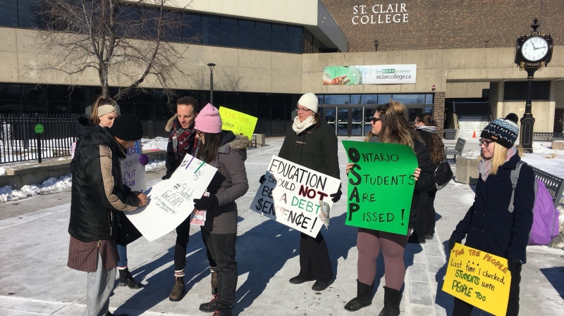A group of St. Clair College students is protesting OSAP changes proposed by the province in Windsor, Ont., on Friday, Feb. 1, 2019. (Chris Campbell / CTV Windsor)