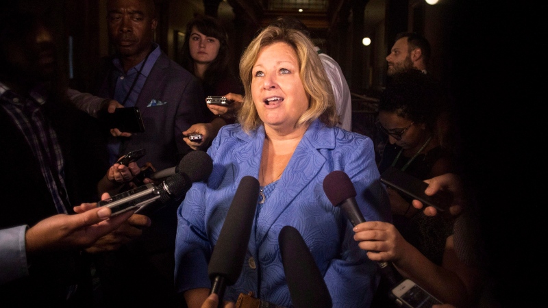 Lisa Thompson, Ontario's Minister of Education scrums with reporters following Question Period, at the Queens Park Legislature, in Toronto on Thursday, August 9, 2018. (THE CANADIAN PRESS/Chris Young)