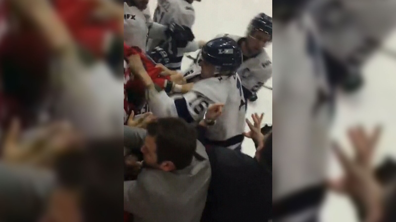 A brawl broke out between hockey players from Acadia University and St. Francis Xavier University, in Wolfville, N.S., on Saturday, Feb. 2, 2019.