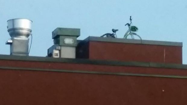 A lone U-Bicycle (with a helmet) parked on a downtown Victoria rooftop under a blue sky.