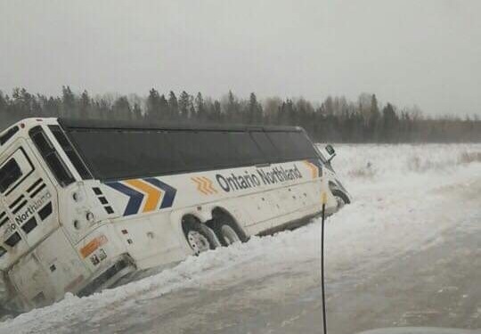 Ontario Northland bus in a Manitoulin Island ditch