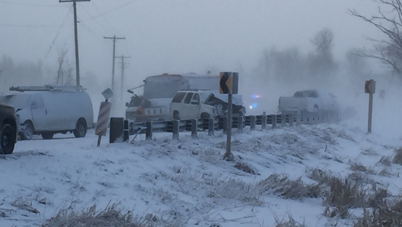 Six vehicles, including a school bus, were involved in the crash. (Dan Lauckner / CTV Kitchener)