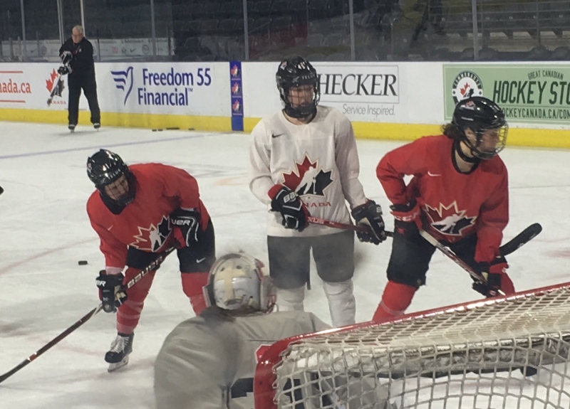 Brittany Howard, left and Katelyn Gosling, centre, during practice ahead of the Women's Rivalry Series on Tuesday, February 12, 2019.
(Brent Lale / CTV London)
