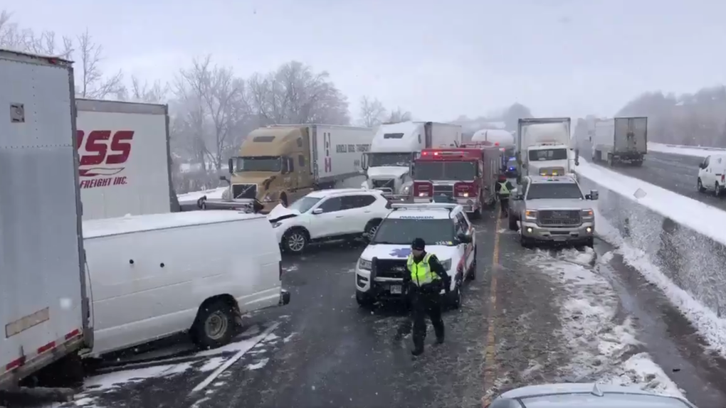 The scene of a pileup with more than 20 vehicles