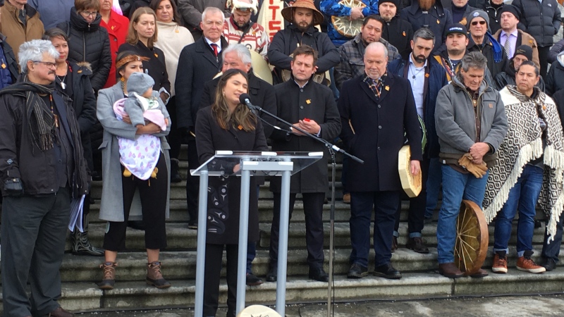 Premier John Horgan, First Nations leaders and dozens of supporters marched from Thunderbird Park to the legislature, pledging their support for the campaign on Feb. 13, 2019. (CTV Vancouver Island)