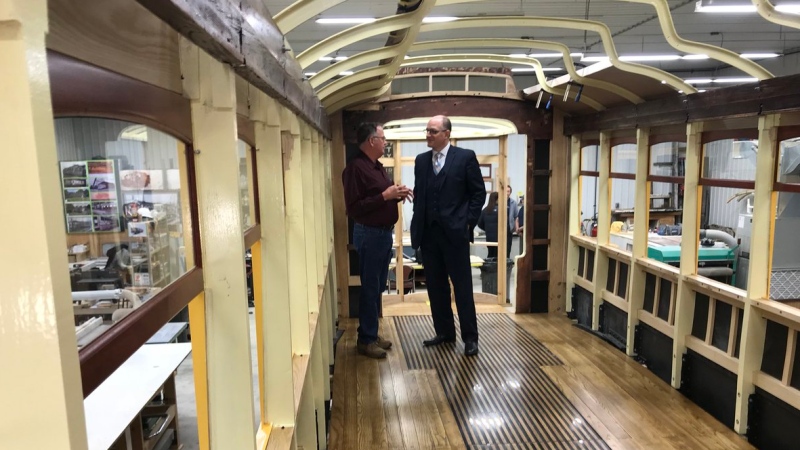 Windsor mayor Drew Dilkens is checking out the progress on the city’s $750,000 investment into the restoration of Streetcar #351 in Blenheim, Ont., on Wednesday, Feb. 13, 2019. (Rich Garton/ CTV Windsor)