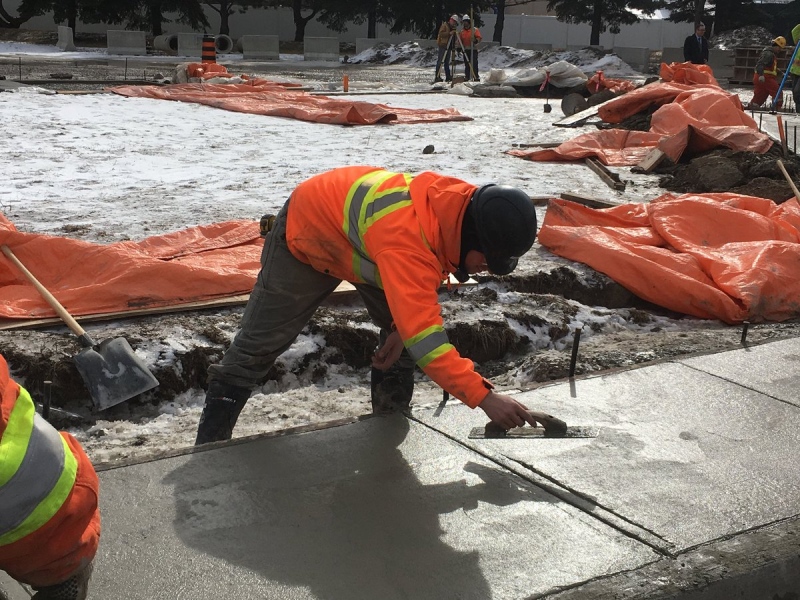 A worker braves the winter elements to complete concrete work in Windsor on February 14, 2019. ( Bob Bellacicco / CTV Windsor )