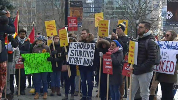 Student protesters are shown gathered outside of Queen's Park to protest changes made to post-secondary grants on Feb. 19, 2019. Students at 17 post-secondary institutions across Ontario are planning to walk out of their classes at noon today in protest of the Ford government’s changes to the Ontario Student Assistance Program.