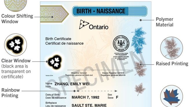 A sample long-form, polymer Ontario birth certificate. (Source: Ontario.ca)