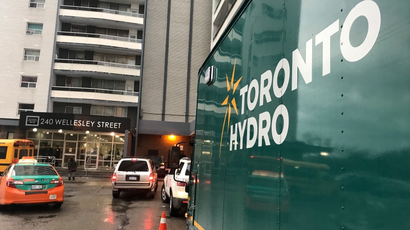 Toronto Hydro on scene of a Wellesley Street East building on Feb. 21, 2019 where an inspection on the electrical system is being conducted.