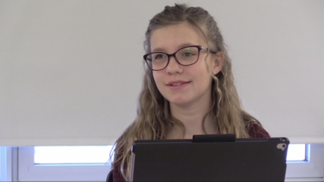 Mikayla Ansley, who has won an international essay competition writing about kindness, speaks in Blyth, Ont. on Friday, Feb. 22, 2019. (Scott Miller / CTV London)