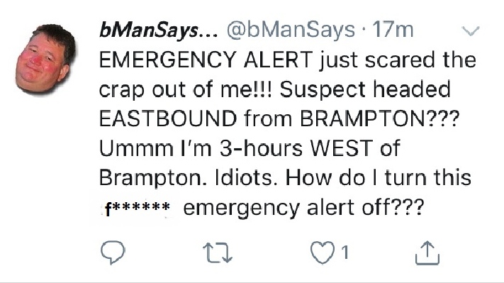 A Screen Capture of a Tweet issued by "bManSays," also known as Brian French, a Chatham-Kent civilian police dispatcher. The Tweet went out minutes after an Amber Alert on Feb. 14, 2019. (CTV Windsor)