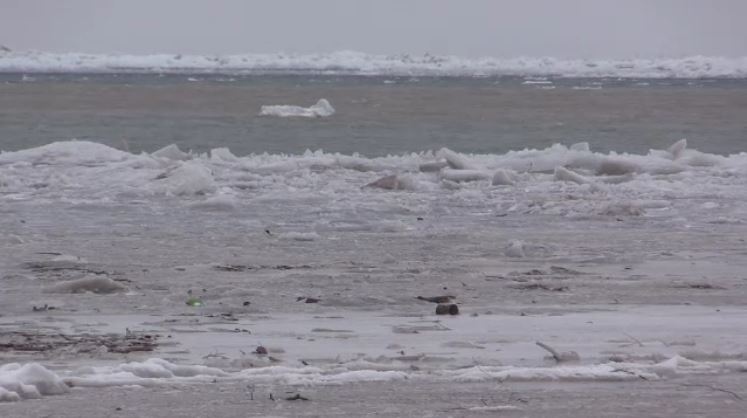 After high storm surge over the weekend, ice and open water edge Lake Erie in Norfolk County, Ont. on Monday, Feb. 25, 2019. (Brent Lale / CTV London)