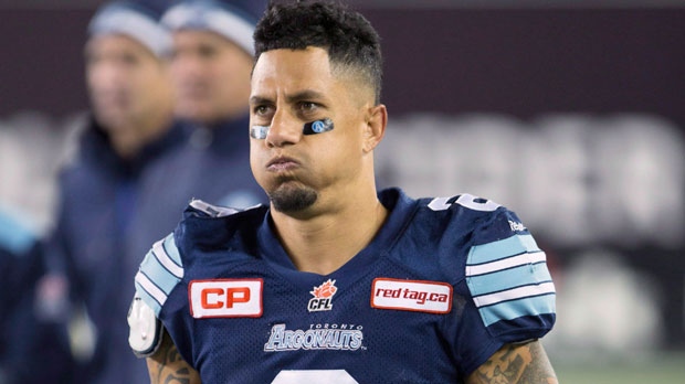 Toronto Argonauts' slotback Chad Owens (2) reacts during the final seconds of his team's loss to the Calgary Stampeders during CFL football action in Hamilton, Ont., on Saturday, Oct. 17, 2015. THE CANADIAN PRESS/Peter Power