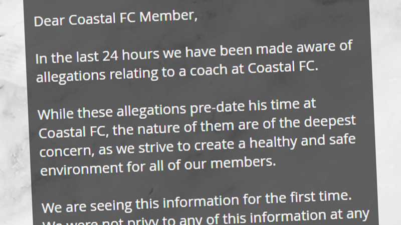 Coastal Football Club posted a statement on its website Tuesday after suspending one of its coaches. 