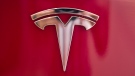 This Aug. 8, 2018, file photo shows a Tesla emblem on the back end of a Model S in the Tesla showroom in Santa Monica, Calif. (AP Photo/Richard Vogel, File)