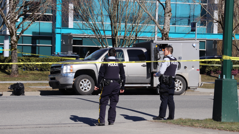 Burnaby RCMP respond to a collision that left two officers seriously injured on March 4, 2019. 