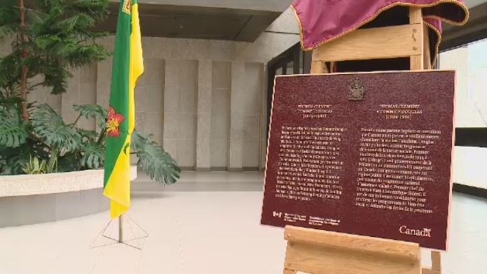 A plaque was unveiled in Regina to honour former Saskatchewan Premier Tommy Douglas.