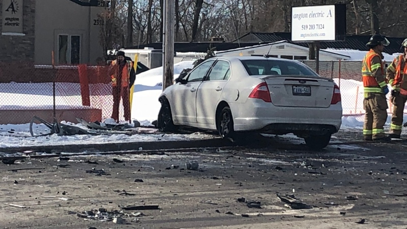 Debris litters the scene of a pedestrian crash in Lambeth, Ont. on Friday, March 8, 2019. (Justin Zadorsky / CTV London)